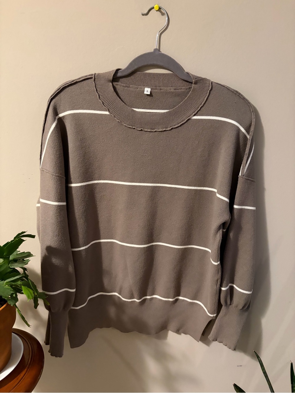 Women’s Taupe Stripe Crewneck Sweater - Unbranded